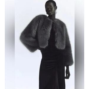 ZARA Blogger-Favorite Faux Fur Cropped Jacket Gray Hook & Eye XS 6318/261